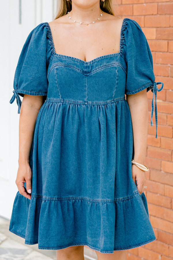 Chic Soul plus size clothing, medium wash denim short-bubble sleeve sweetheart neckline babydoll dress with tied bow details on sleeves
