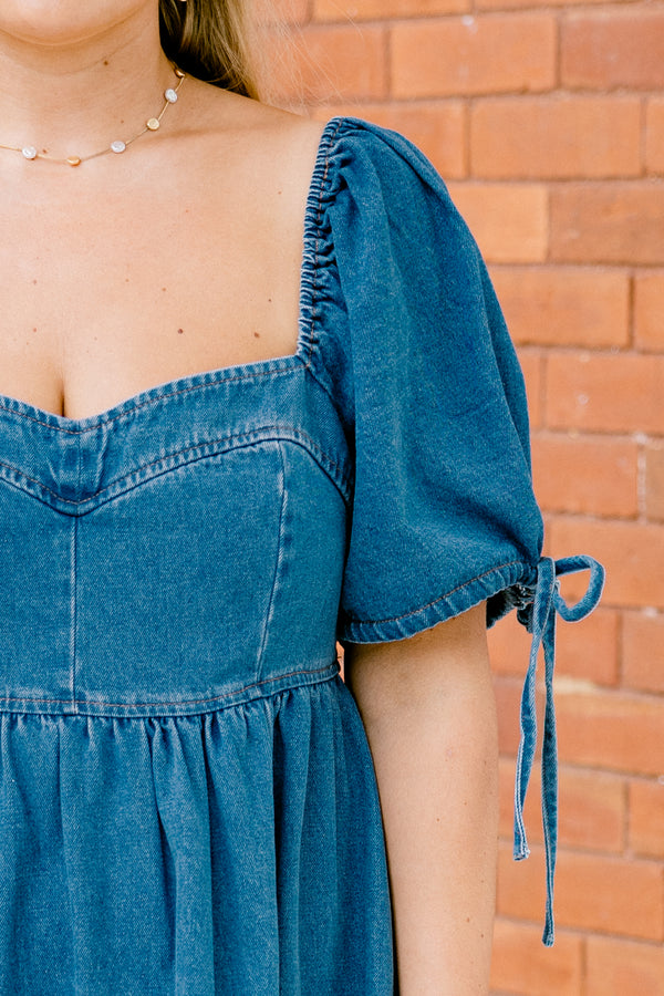 Chic Soul plus size clothing, medium wash denim short-bubble sleeve sweetheart neckline babydoll dress with tied bow details on sleeves
