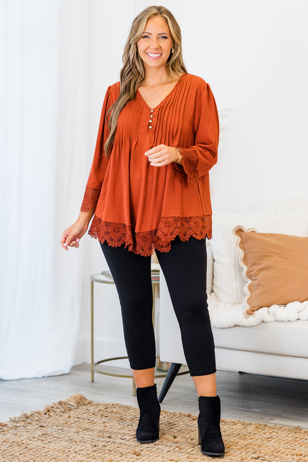 Chic Soul plus size clothing, quarter-sleeve rust orange v-neckline flowy top with small brown button detailing and lace trim