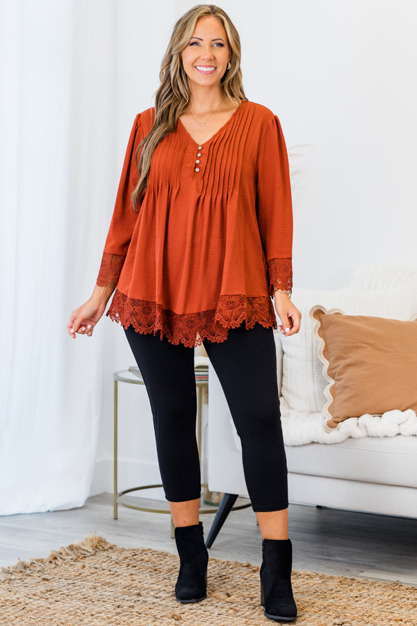 Chic Soul plus size clothing, quarter-sleeve rust orange v-neckline flowy top with small brown button detailing and lace trim