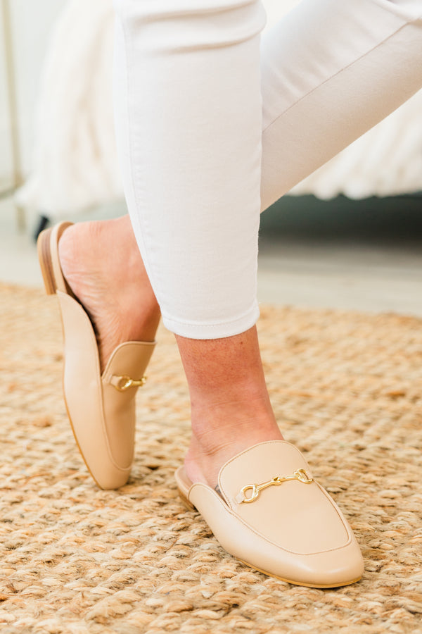 Chic Soul plus size clothing, tan backless closed-toe mule shoes with a gold buckle on the top