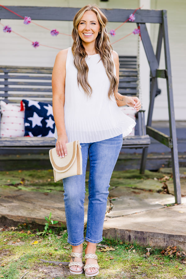 Chic Soul plus size clothing, white sleeveless tank top with crinkle sheer layer with white slip underneath and trait along top of sleeves with keyhole back