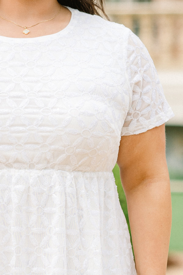 Chic Soul plus size clothing, white short sleeve mini dress with geometric sheer design with synch waist detail