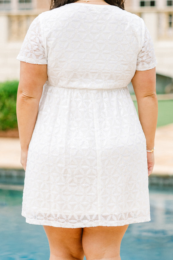 Chic Soul plus size clothing, white short sleeve mini dress with geometric sheer design with synch waist detail