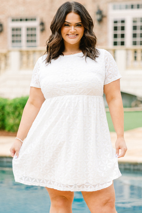 Chic Soul plus size clothing, white short sleeve mini dress with geometric sheer design with synch waist detail