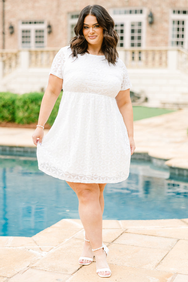 Chic Soul plus size clothing, white short sleeve mini dress with geometric sheer design with synch waist detail