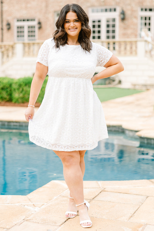 Chic Soul plus size clothing, white short sleeve mini dress with geometric sheer design with synch waist detail