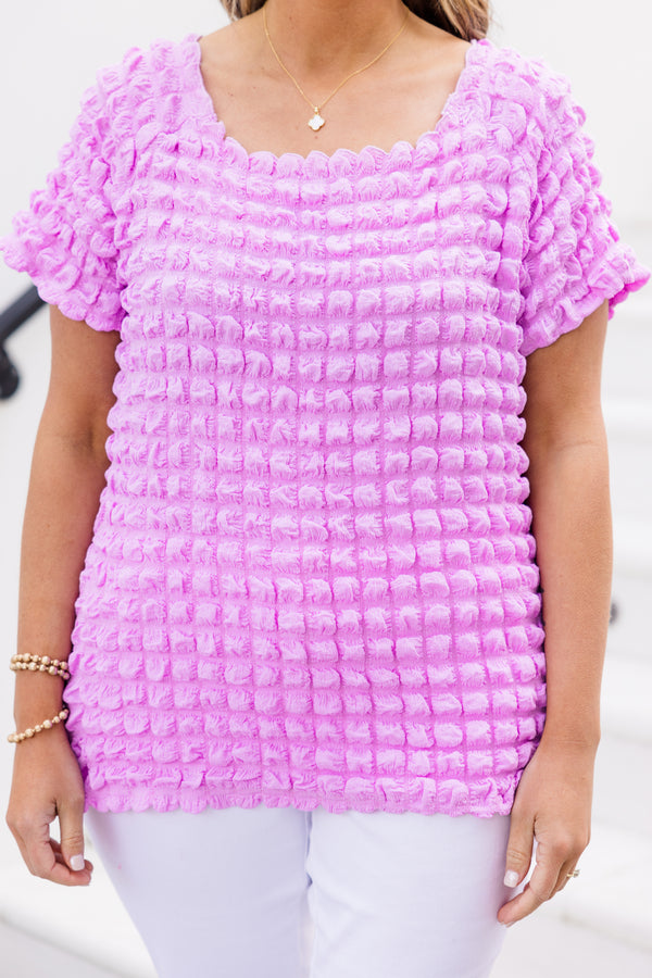 Plus Size rose purple short sleeve top with a textured, all-over popcorn scrunch fabric.