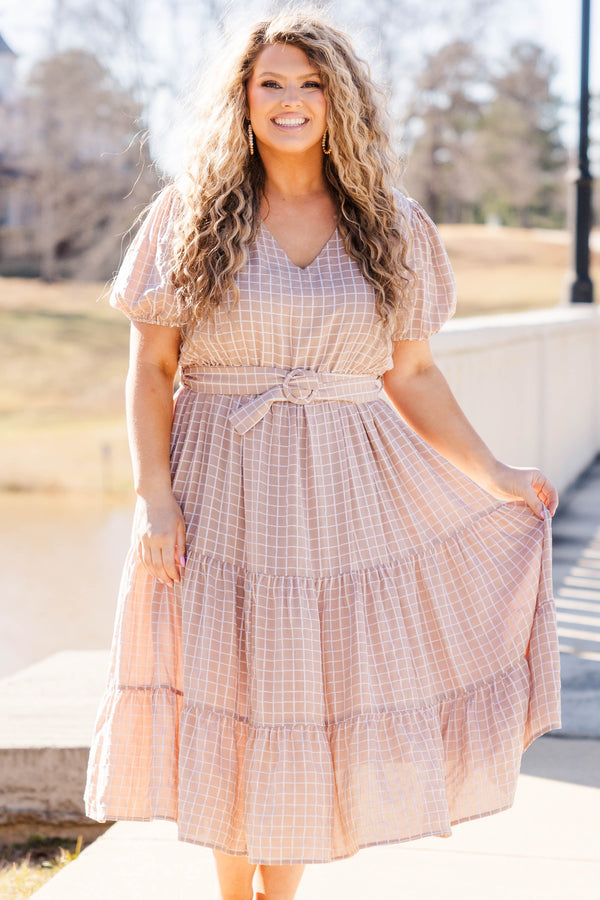 Chic Soul plus size clothing, taupe thin square pattern midi dress with puff short sleeves and a vneck with a looped belt