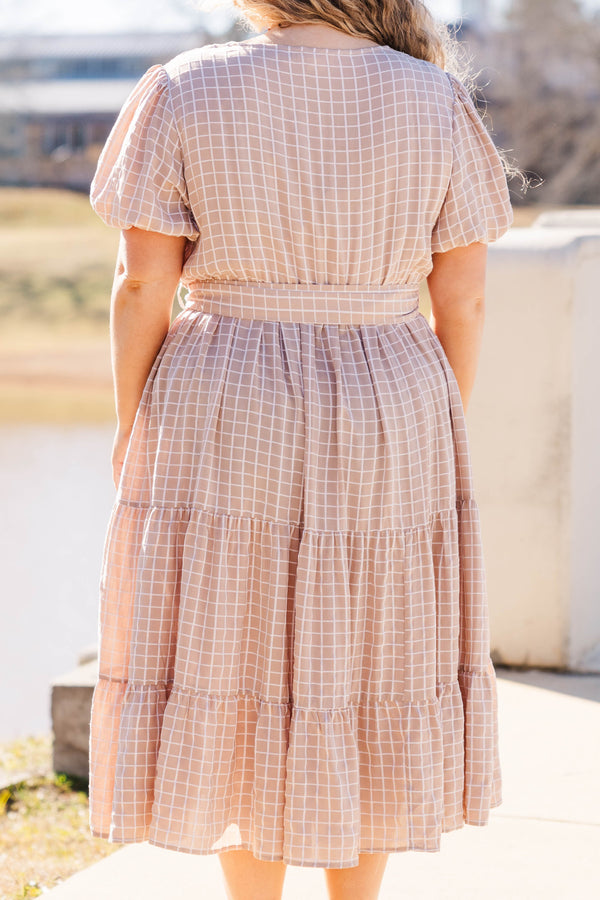 Chic Soul plus size clothing, taupe thin square pattern midi dress with puff short sleeves and a vneck with a looped belt