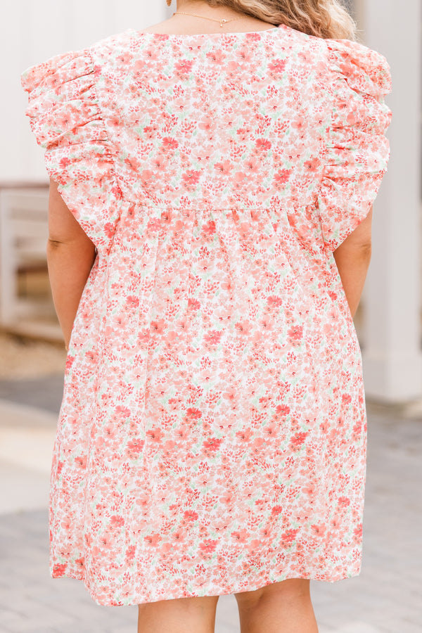 Chic Soul plus size clothing, short sleeve white and coral floral dress with ruffled sleeves and small v-neckline with tassels