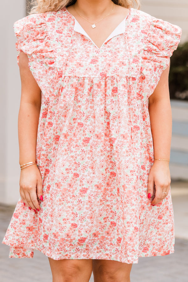 Chic Soul plus size clothing, short sleeve white and coral floral dress with ruffled sleeves and small v-neckline with tassels