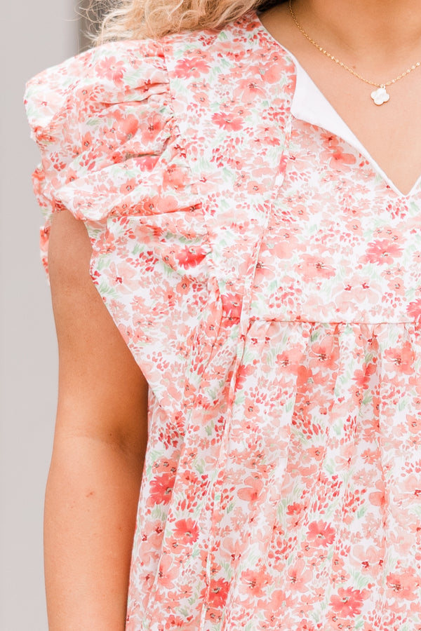 Chic Soul plus size clothing, short sleeve white and coral floral dress with ruffled sleeves and small v-neckline with tassels