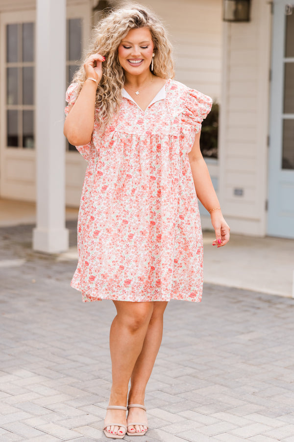Chic Soul plus size clothing, short sleeve white and coral floral dress with ruffled sleeves and small v-neckline with tassels