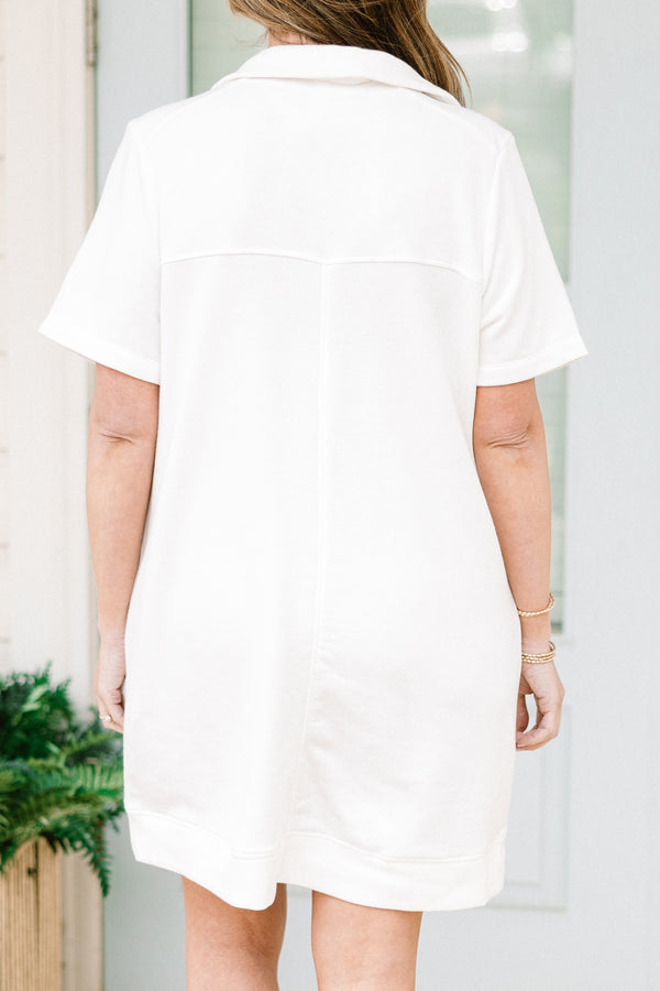 Chic Soul plus size clothing, short-sleeve zip-up collared off white athleisure dress with pockets