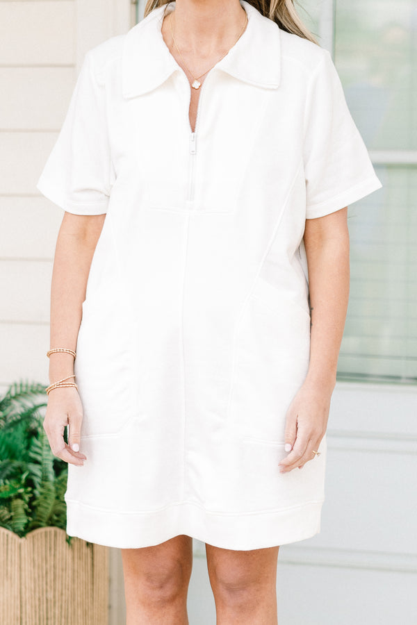 Chic Soul plus size clothing, short-sleeve zip-up collared off white athleisure dress with pockets