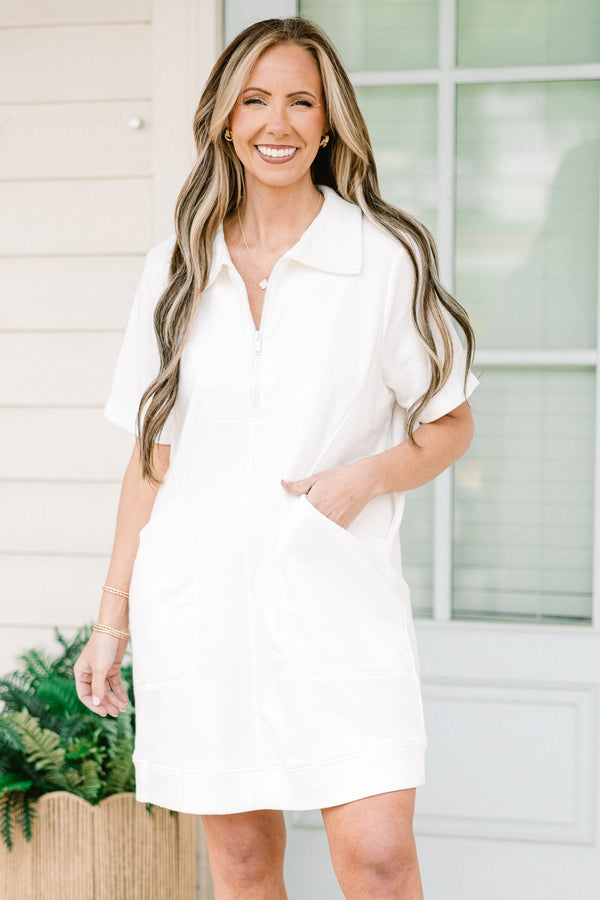Chic Soul plus size clothing, short-sleeve zip-up collared off white athleisure dress with pockets