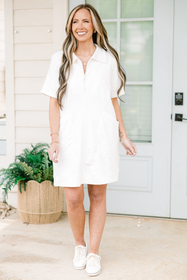 Chic Soul plus size clothing, short-sleeve zip-up collared off white athleisure dress with pockets