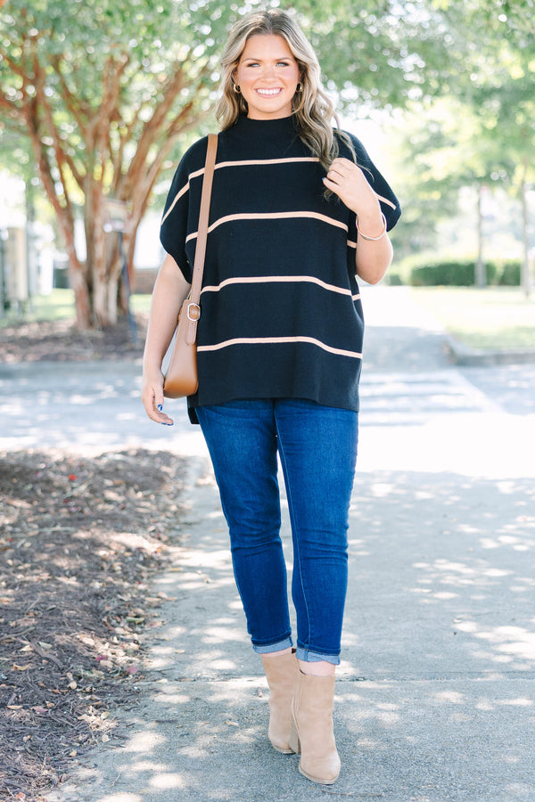 Plus Size black mock neck sweater with tan horizontal stripes and short poncho-style sleeves.