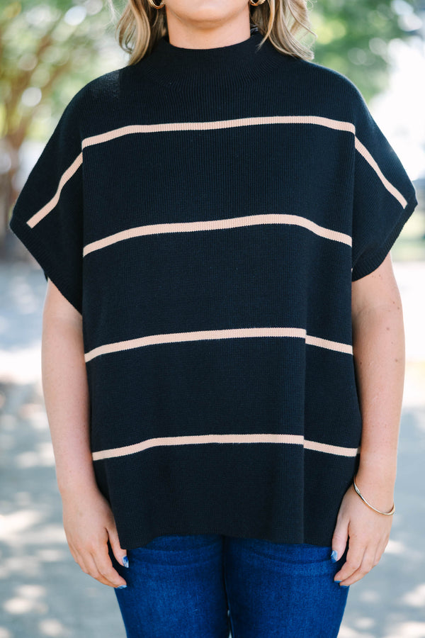 Plus Size black mock neck sweater with tan horizontal stripes and short poncho-style sleeves.