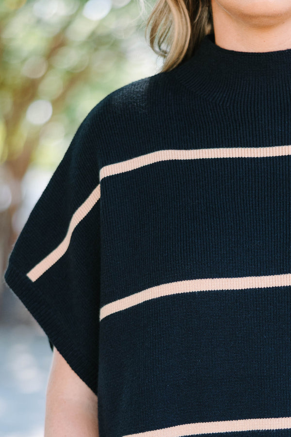 Plus Size black mock neck sweater with tan horizontal stripes and short poncho-style sleeves.