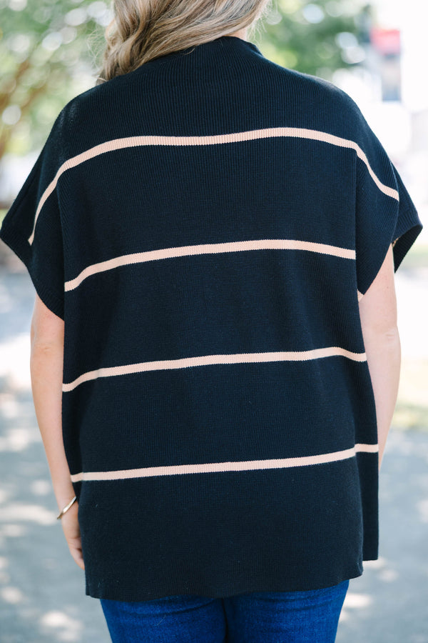 Plus Size black mock neck sweater with tan horizontal stripes and short poncho-style sleeves.