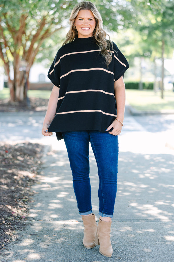 Plus Size black mock neck sweater with tan horizontal stripes and short poncho-style sleeves.