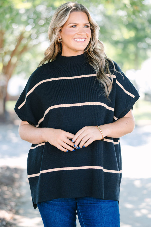 Plus Size black mock neck sweater with tan horizontal stripes and short poncho-style sleeves.
