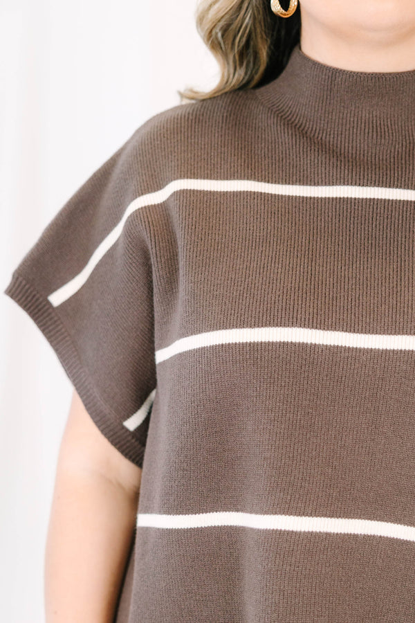 Plus Size brown striped short sleeve sweater with a mock neckline and relaxed fit.