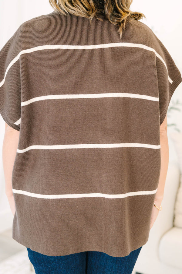 Plus Size brown striped short sleeve sweater with a mock neckline and relaxed fit.
