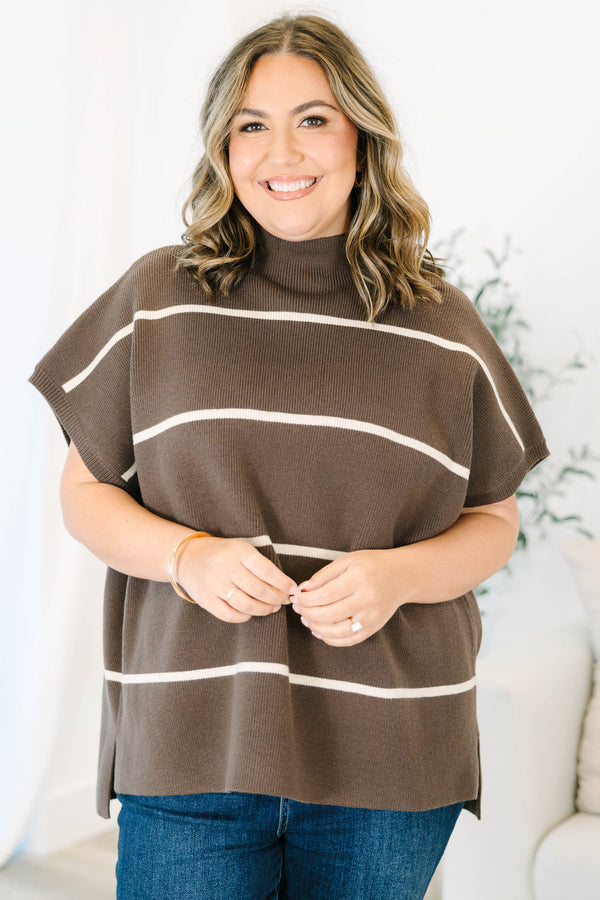 Plus Size brown striped short sleeve sweater with a mock neckline and relaxed fit.
