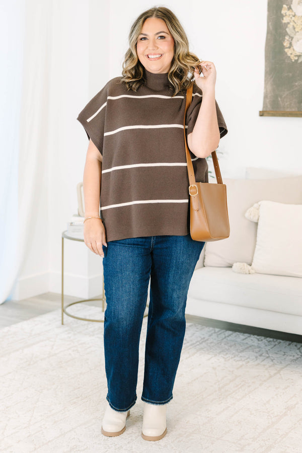 Plus Size brown striped short sleeve sweater with a mock neckline and relaxed fit.