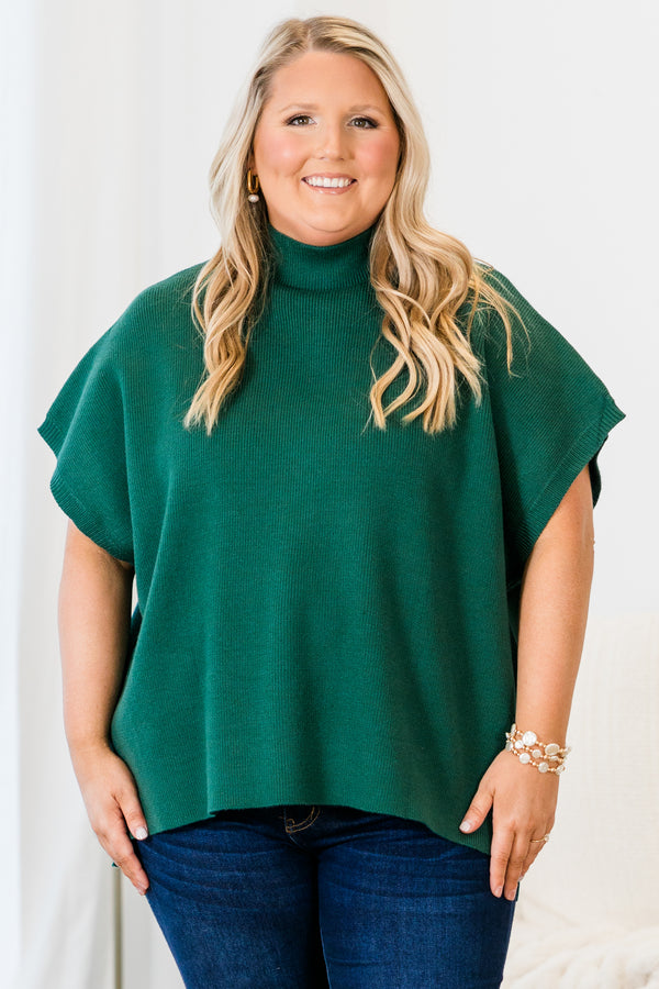 Chic Soul plus size clothing, hunter green short sleeve knit top with mock neckline with batwing sleeves