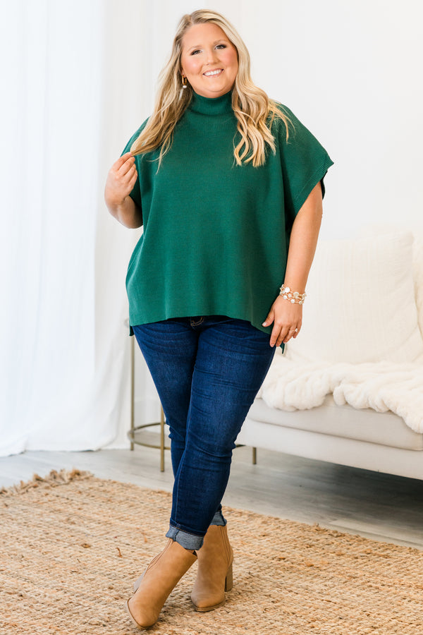 Chic Soul plus size clothing, hunter green short sleeve knit top with mock neckline with batwing sleeves