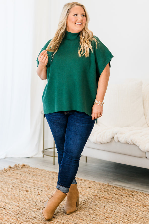 Chic Soul plus size clothing, hunter green short sleeve knit top with mock neckline with batwing sleeves