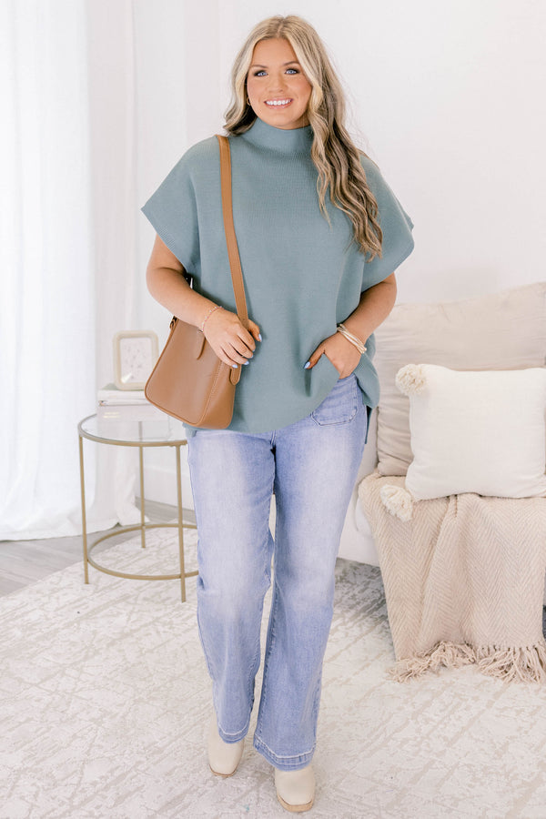 Chic Soul plus size clothing, dusty teal short sleeve high neck sweater top