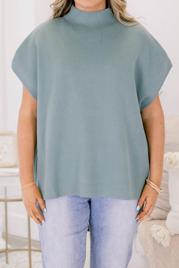 Chic Soul plus size clothing, dusty teal short sleeve high neck sweater top