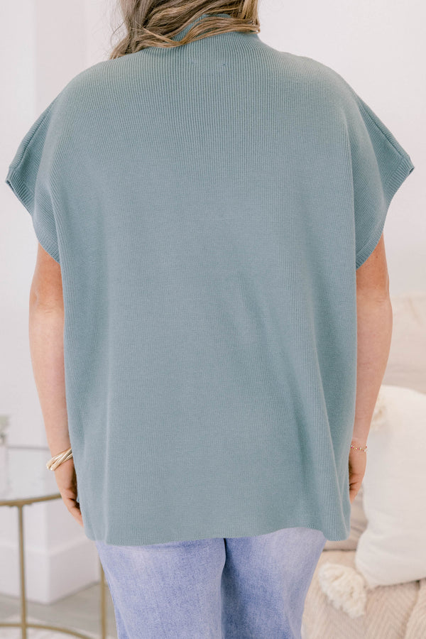 Chic Soul plus size clothing, dusty teal short sleeve high neck sweater top
