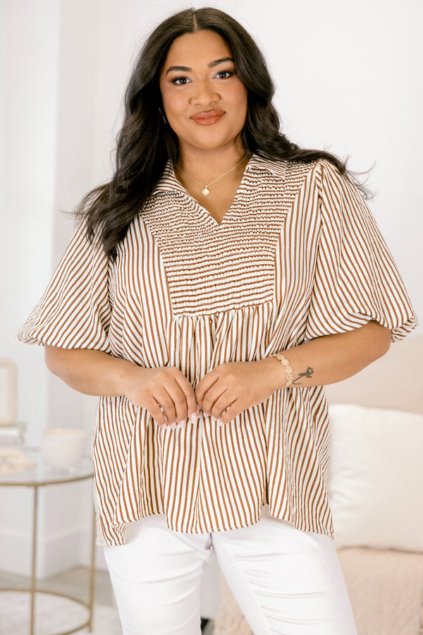 Chic Soul plus size clothing, brown striped top with bubble sleeves and smocked detailing on the chest area and along the v-neckline 
