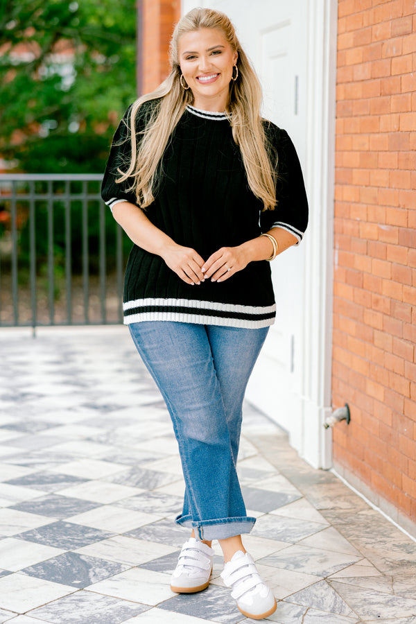 Chic Soul plus size clothing, black short sleeve sweater top with a white cuff that has a black stripe on the sleeves neckline and bottom of the top 