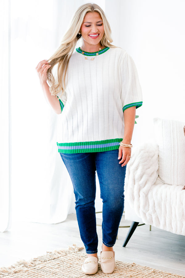 Chic Soul plus size clothing, short-puffed-sleeve ivory cable knit top with a striped green and blue trim across the hem, neckline, and sleeves 