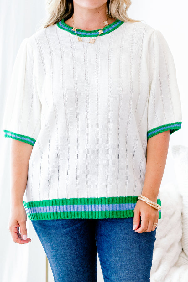 Chic Soul plus size clothing, short-puffed-sleeve ivory cable knit top with a striped green and blue trim across the hem, neckline, and sleeves 