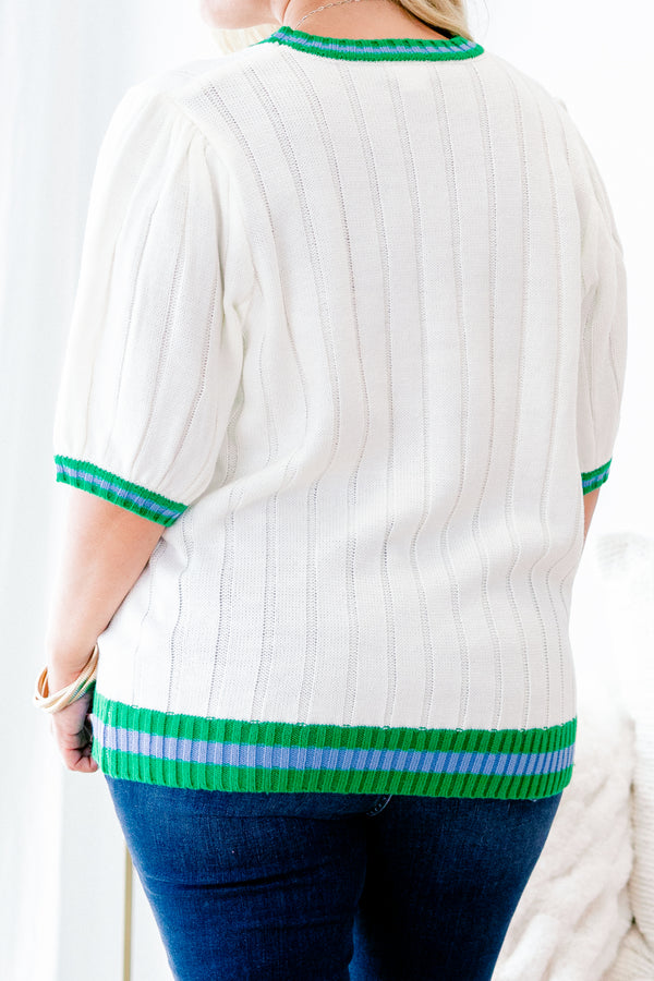 Chic Soul plus size clothing, short-puffed-sleeve ivory cable knit top with a striped green and blue trim across the hem, neckline, and sleeves 