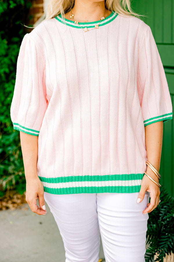 Chic Soul plus size clothing, light pink half-puff sleeve crewneck sweater with green and white striped ribbed blocking around hem and neckline
