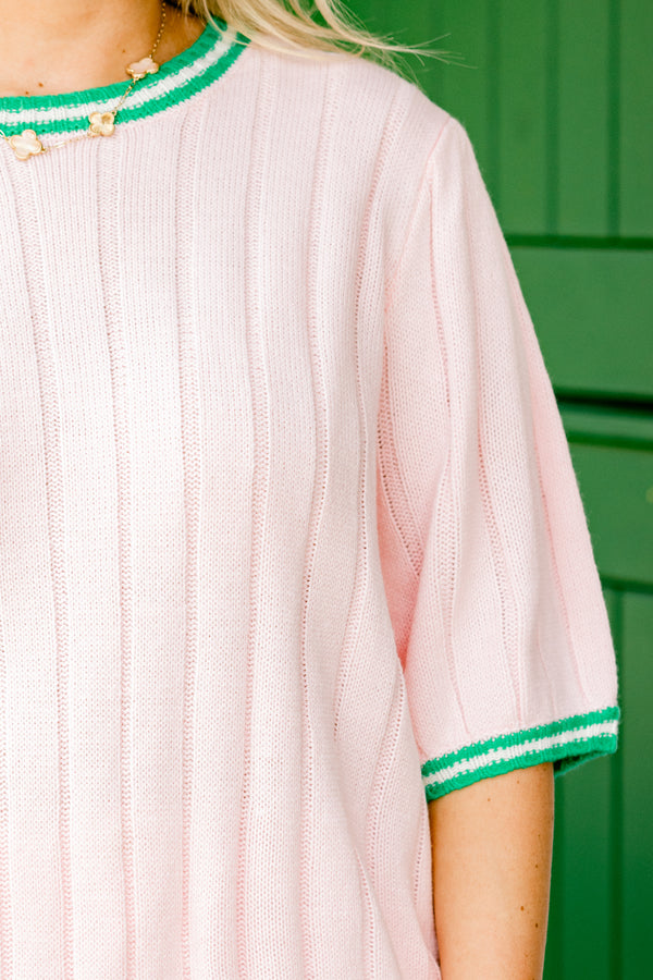 Chic Soul plus size clothing, light pink half-puff sleeve crewneck sweater with green and white striped ribbed blocking around hem and neckline
