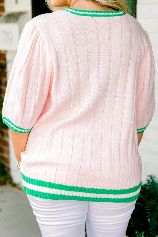 Chic Soul plus size clothing, light pink half-puff sleeve crewneck sweater with green and white striped ribbed blocking around hem and neckline