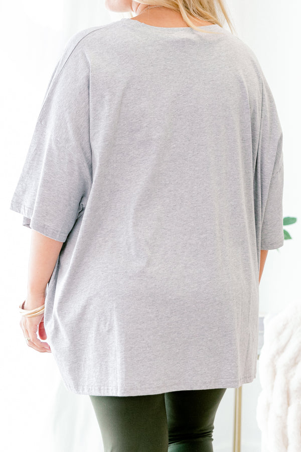 Plus Size heather gray oversized boyfriend tee with green Dog Mom graphic and crew neckline.