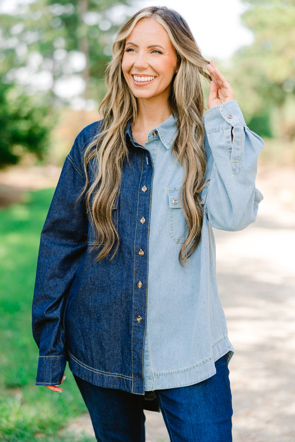 Chic Soul plus size clothing, 2 tone denim button up that is half light wash and half dark wash