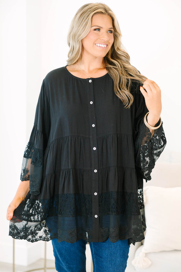 Plus Size black button-down blouse with tiered lace trim and wide lace-cuffed sleeves.
