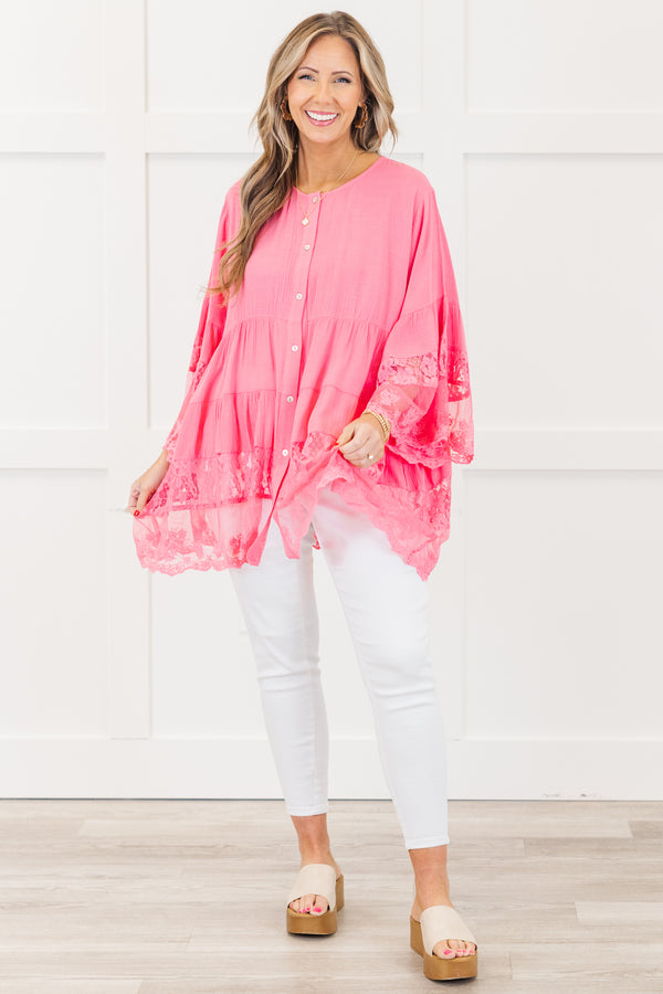 Chic Soul plus size clothing, quarter-sleeve ruffled flowy hot pink blouse with a scoop-neckline and white button detailing along the front with subtle lace detailing on the ruffles of the top and the sleeves 